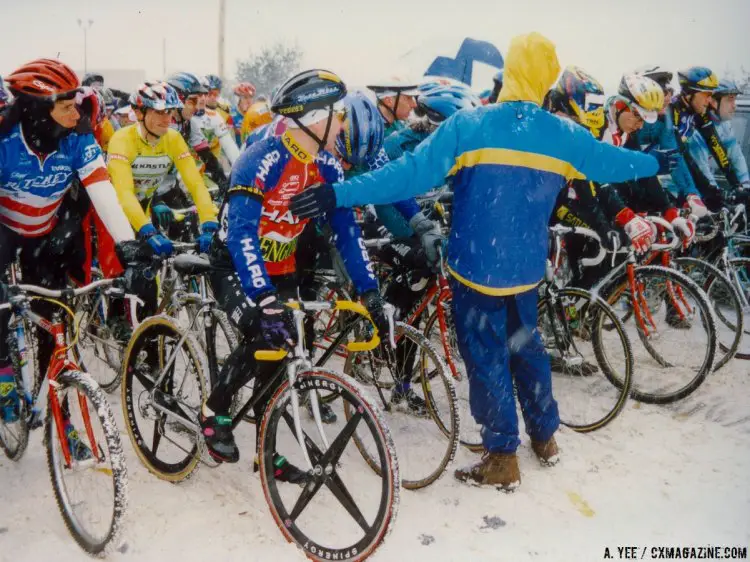 Spinergy wheels, flat bars, 45c tires and mountain bikes were all allowed, but the racing was still a slippery, competitive affair. 1995 Cyclocross National Championships. © A. Yee