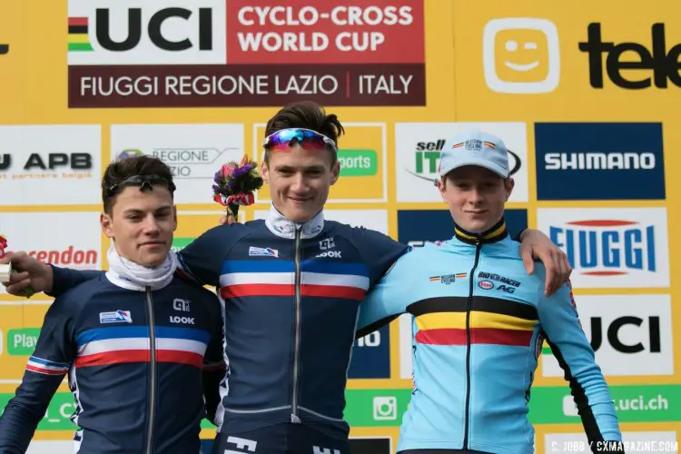 Antoine Benoist leads a French 1-2. Maxime Bonsergent 2nd, Toon Vandebosch third. 2017 Fiuggi UCI Cyclocross World Cup. Junior Men. Italy. © C. Jobb / Cyclocross Magazine