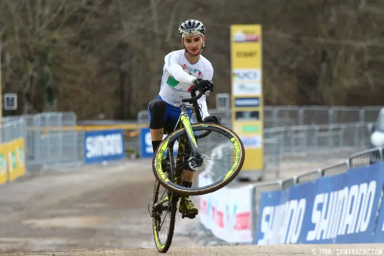 Gioele Bertolini delights the Italian fans with a wheelie, but many were up in the woods. 2017 Fiuggi UCI Cyclocross World Cup. U23 Men. Italy. © C. Jobb / Cyclocross Magazine