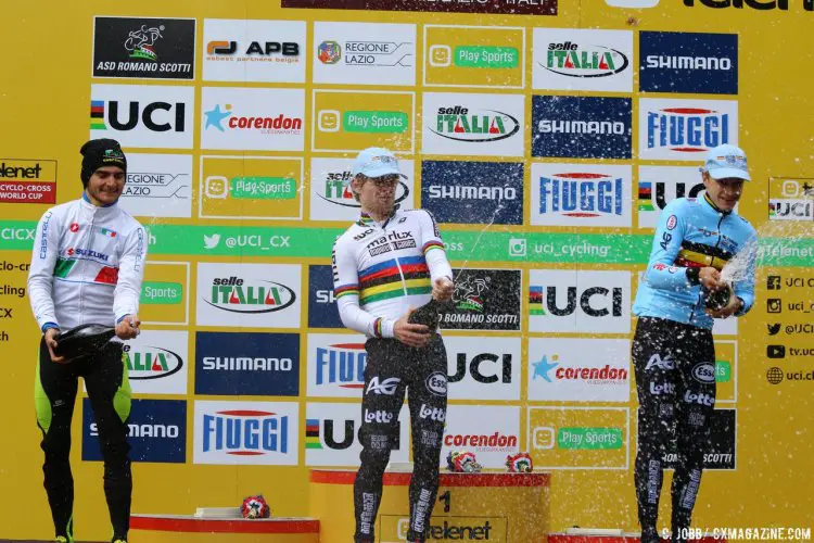 Eli Iserbyt wins ahead of Gioele Bertolini and Quinten Hermans. 2017 Fiuggi UCI Cyclocross World Cup. U23 Men. Italy. © C. Jobb / Cyclocross Magazine