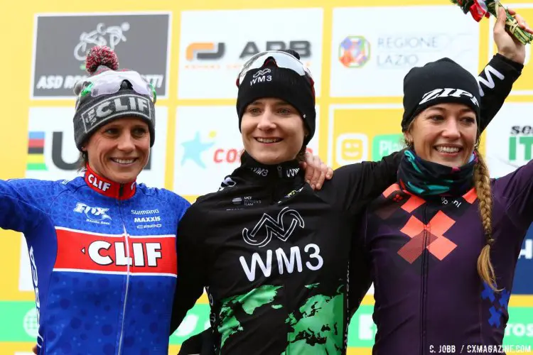 Marianne Vos appears to be unstoppable in her new WM3 kit. Katerina Nash and Sophie de Boer complete the podium. 2017 Fiuggi UCI Cyclocross World Cup Women's Race. Italy. © C. Jobb / Cyclocross Magazine
