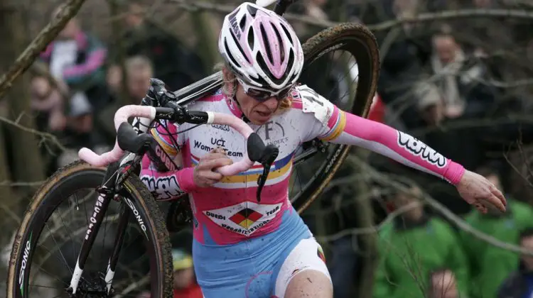 Suzie Godart outrunning Father Time back in 2012 in Leuven. © B. Hazen / Cyclocross Magazine