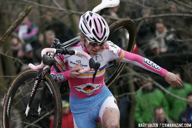 Suzie Godart outrunning Father Time back in 2012 in Leuven. © B. Hazen / Cyclocross Magazine