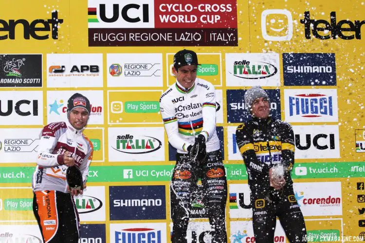 L to R: Meisen, Van Aert and Meeusen. 2017 Fiuggi UCI Cyclocross World Cup. Elite Men. Italy. © C. Jobb / Cyclocross Magazine