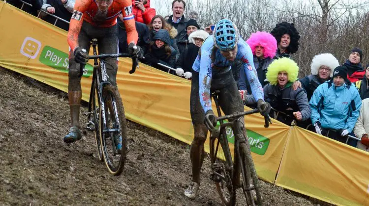 Wout van Aert and Mathieu van der Poel in the middle of their mid-race Beautiful Duel before MVDP's fourth flat tire - 2017 UCI Cyclocross World Championships, Bieles, Luxembourg. © C. Jobb / Cyclocross Magazine