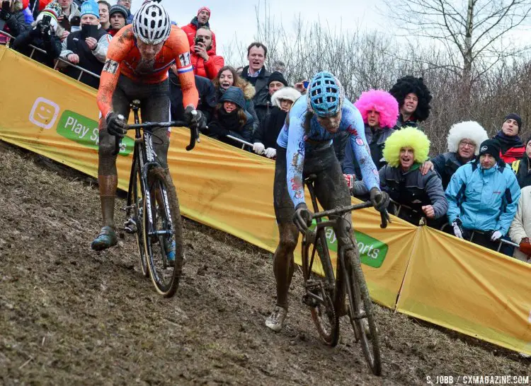 Wout van Aert and Mathieu van der Poel in the middle of their mid-race Beautiful Duel before MVDP's fourth flat tire - 2017 UCI Cyclocross World Championships, Bieles, Luxembourg. © C. Jobb / Cyclocross Magazine