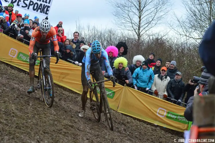 Wout van Aert and Mathieu van der Poel in the middle of their mid-race Beautiful Duel before MVDP's fourth flat tire - 2017 UCI Cyclocross World Championships, Bieles, Luxembourg. © C. Jobb / Cyclocross Magazine