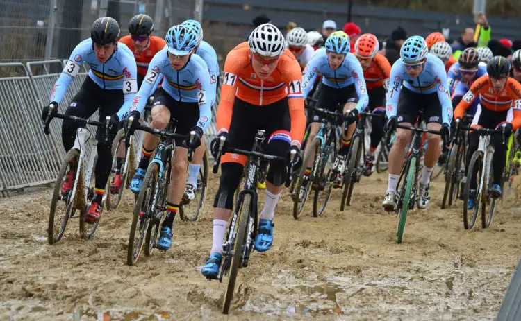 Wout van Aert wasn't afraid to stray from convention, and his decision to roll on old Michelin Mud treads could have played a role in leaving others green with envy of his jersey. 2017 UCI Cyclocross World Championships, Bieles, Luxembourg. © C. Jobb / Cyclocross Magazine