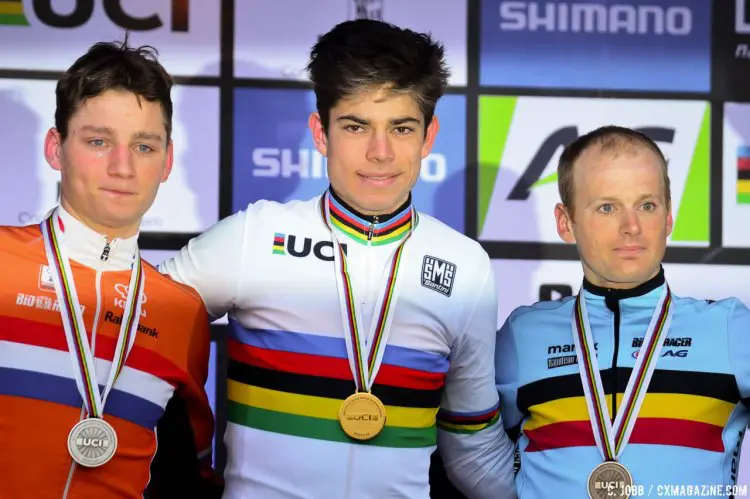 Wout van Aert defends his rainbow jersey, Mathieu van der Poel distraught in second, Pauwels comfortable in third. Elite Men. 2017 UCI Cyclocross World Championships, Bieles, Luxembourg. © C. Jobb / Cyclocross Magazine