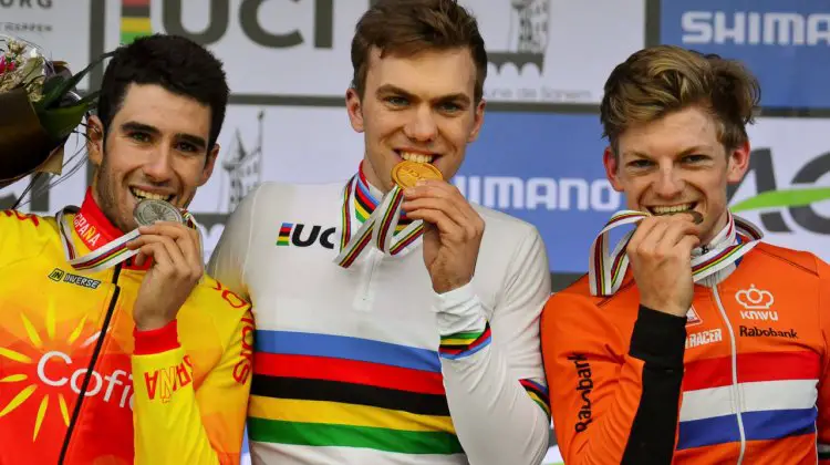 U23 Men. Joris Nieuwenhuis (NED) wins over Felipe Orts Lloret (ESP), Sieben Wouters (NED) 2017 UCI Cyclocross World Championships, Bieles, Luxembourg. © C. Jobb / Cyclocross Magazine