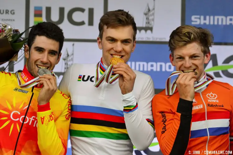 U23 Men. Joris Nieuwenhuis (NED) wins over Felipe Orts Lloret (ESP), Sieben Wouters (NED) 2017 UCI Cyclocross World Championships, Bieles, Luxembourg. © C. Jobb / Cyclocross Magazine