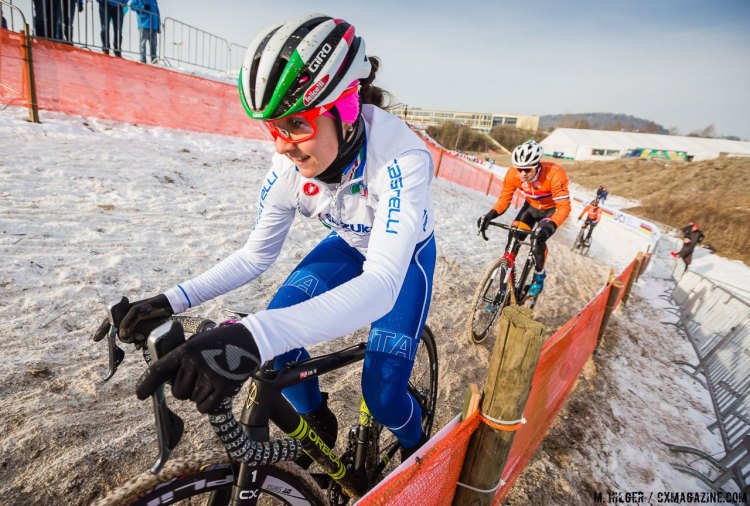 Eva Lechner (ITA) finds the low line to her liking on this off-camber climb. UCI Cyclocross World Championships, Bieles, Luxembourg. 1/27/2017 Training. © M. Hilger / Cyclocross Magazine