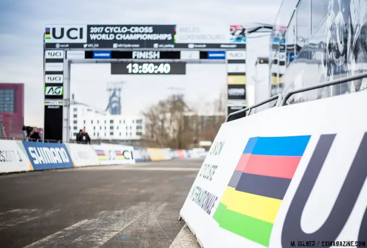 The welcome sight of the final fiishing stretch. UCI Cyclocross World Championships, Bieles, Luxembourg. 1/27/2017 Training. © M. Hilger / Cyclocross Magazine