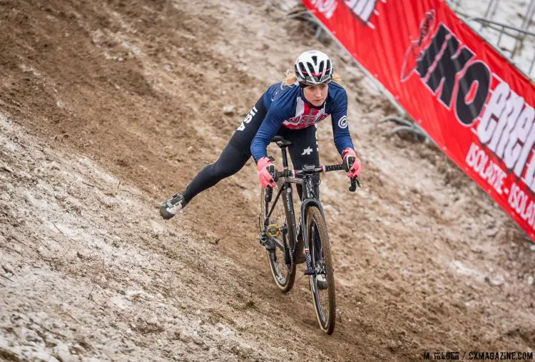 Ellen Noble (USA) in control on the course's trickiest section. UCI Cyclocross World Championships, Bieles, Luxembourg. 1/27/2017 Training. © M. Hilger / Cyclocross Magazine