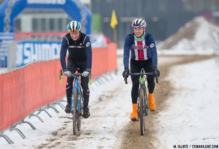 Lance Haidet and Cooper Willsey share a smile while out on course recon. UCI Cyclocross World Championships, Bieles, Luxembourg. 1/27/2017 Training. © M. Hilger / Cyclocross Magazine