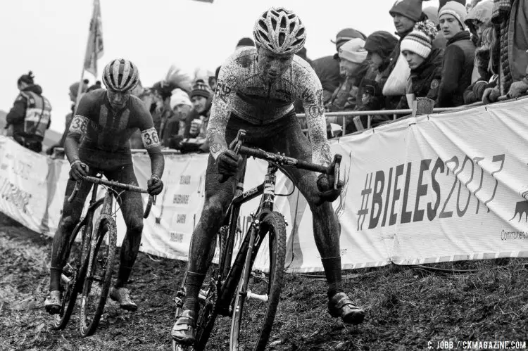 Jonas Degroote (BEL) leads Lance Haidet (USA). U23 Men. 2017 UCI Cyclocross World Championships, Bieles, Luxembourg. © C. Jobb / Cyclocross Magazine