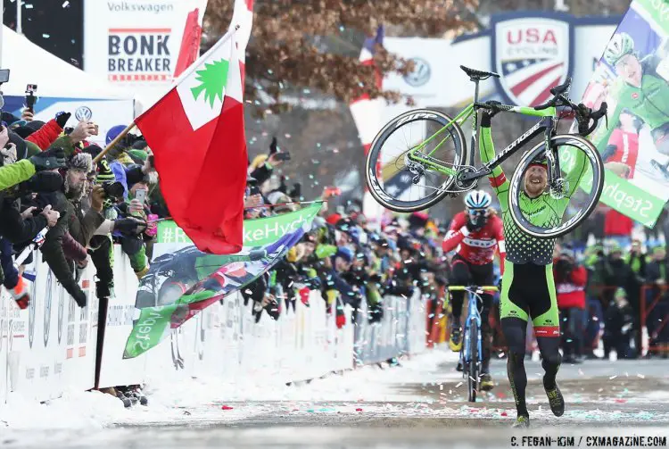 2017 Cyclocross National Championship did not dissapoint. The epic weather, heartbreaking moments, amazing wins, great frozen mustaches and more. One of the most amazing win of the day was Stephen Hyde (Cannondale Cyclocrossworld) running to the finish line with his bike that had a flat and a broken derailleur. 2017 Cyclocross National Championship, Elite Men. © C. Fegan-Kim / Cyclocross Magazine