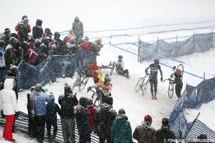 The crowds came prepared with good ski attire, beanies, waterproof shoes & vuvuzelas for some serious heckling and cheering at the Bonk Breaker Hill. Cyclocross National Championship, Singlespeed Men. © C. Fegan-Kim / Cyclocross Magazine