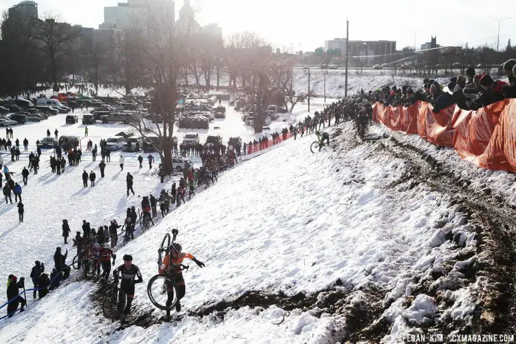 Anything can happen in a cyclocross race. Stephen Hyde slipped off the trail on the first lap, losing his lead spot while Yannick Eckmann took the low line and hypotenuse to grab the lead. 2017 Cyclocross National Championship, Elite Men. © C. Fegan-Kim / Cyclocross Magazine