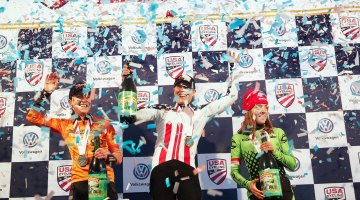 Katie Compton, Amanda Miller and Kaitie Antonneau under the confetti shower. 2017 Cyclocross National Championship, Elite Women. © C. Fegan-Kim / Cyclocross Magazine