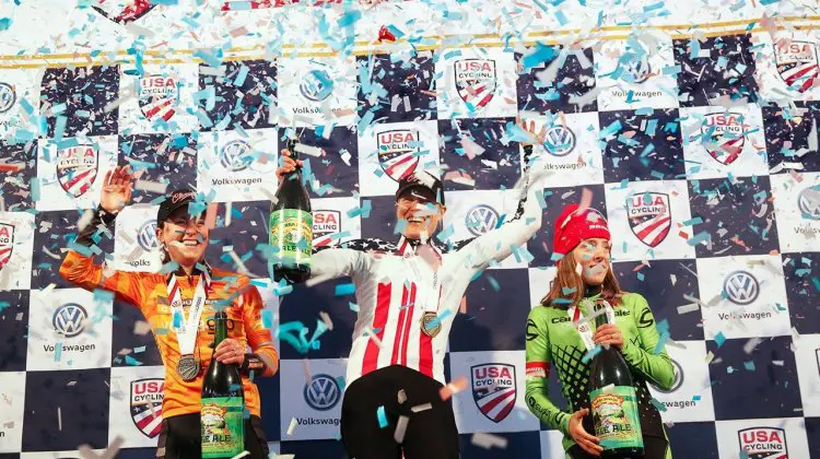 Katie Compton, Amanda Miller and Kaitie Antonneau under the confetti shower. 2017 Cyclocross National Championship, Elite Women. © C. Fegan-Kim / Cyclocross Magazine