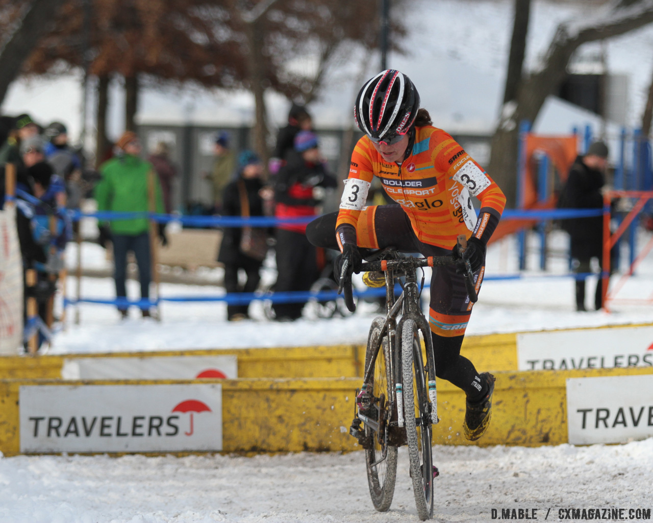Amanda Miller hops back on while chasing down Compton and Antonneau. 2017 Cyclocross National Championships. © D. Mable / Cyclocross Magazine