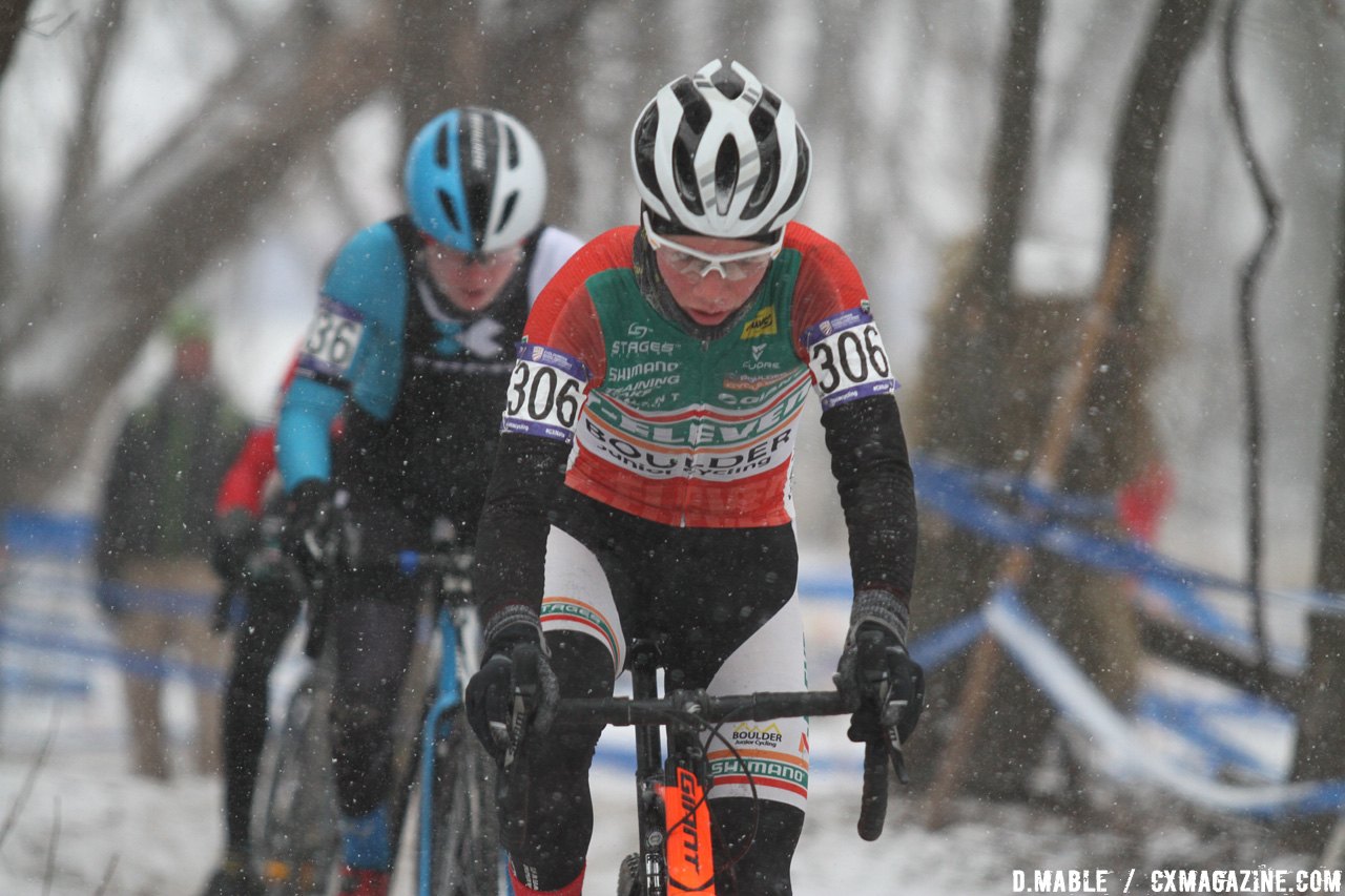 Torin Bickmore (Boulder Junior Cycling) leads Dillon McNeil (Trek Cyclocross Collective) through a wooded section. © D. Mable / Cyclocross Magazine
