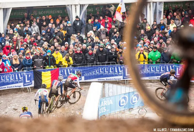 Cooper Willsey navigating the tricky course in a tight pack. U23 Men. 2017 UCI Cyclocross World Championships, Bieles, Luxembourg. © M. Hilger / Cyclocross Magazine