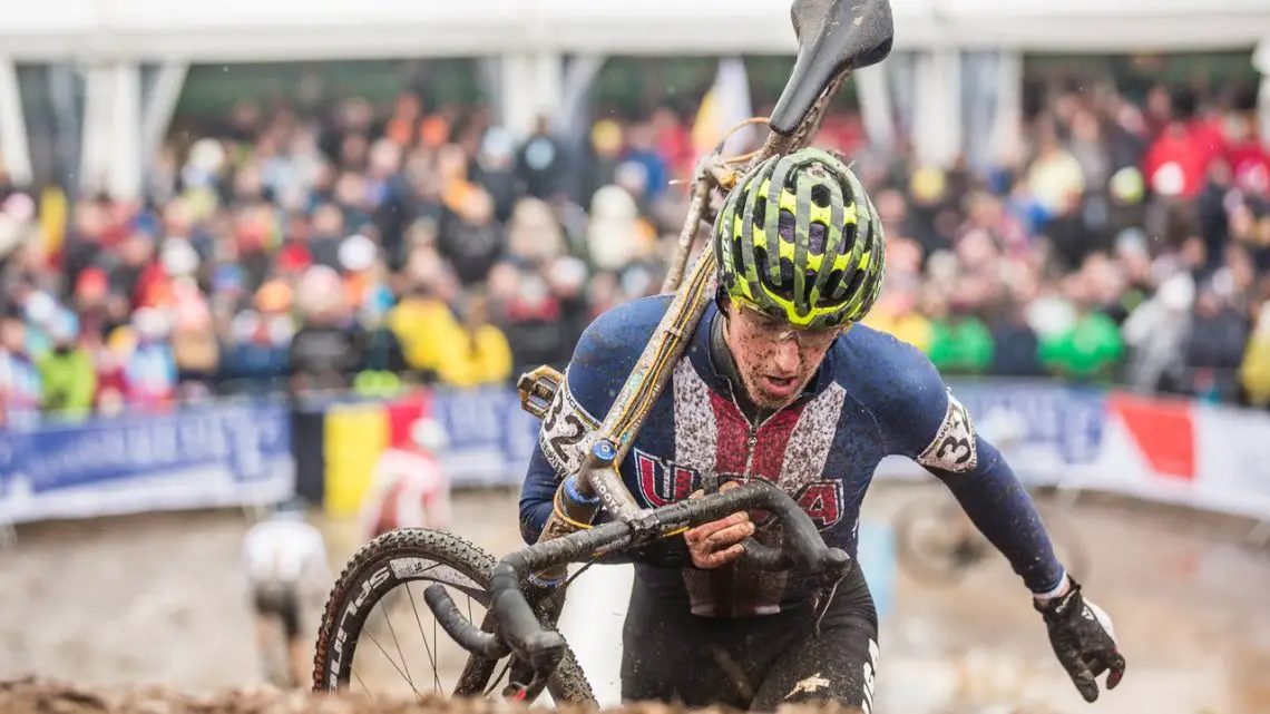 Gage Hecht climbed the steeps of Bieles to 31st. U23 Men. 2017 UCI Cyclocross World Championships, Bieles, Luxembourg. © M. Hilger / Cyclocross Magazine