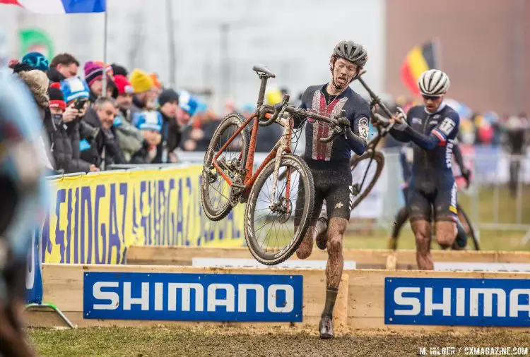 Spencer Petrov on his way to 18th as first-year U23, and high school student. U23 Men. 2017 UCI Cyclocross World Championships, Bieles, Luxembourg. © M. Hilger / Cyclocross Magazine