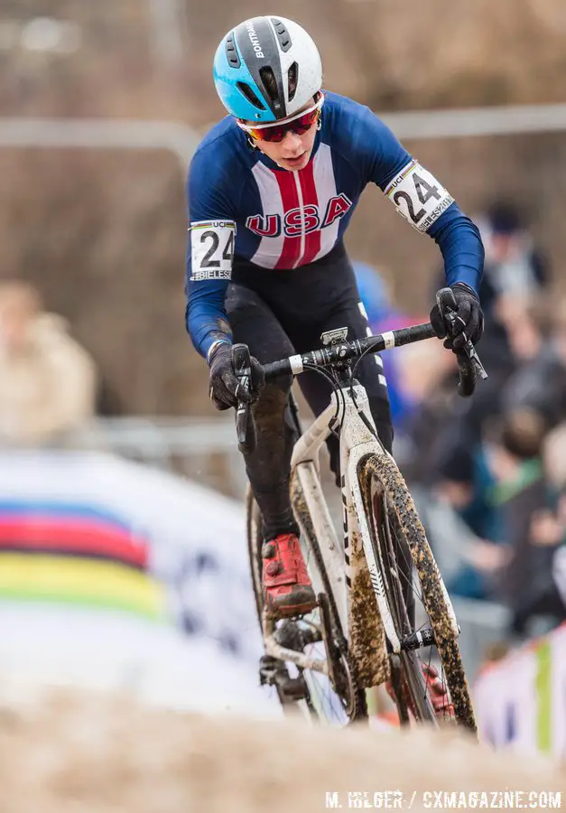 Like some pros, Swartz had the then-new white Boone RSL at Bieles Worlds. 2017 UCI Cyclocross World Championships, Bieles, Luxembourg. © M. Hilger / Cyclocross Magazine