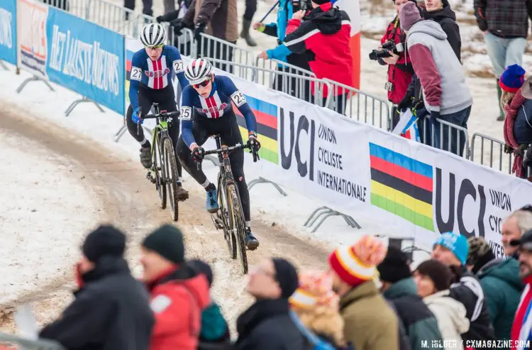 Calder Wood leads Sam Noel as they chase back from early race troubes. 2017 UCI Cyclocross World Championships, Bieles, Luxembourg. © M. Hilger / Cyclocross Magazine