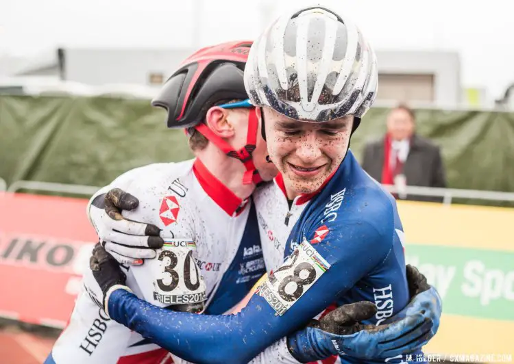Britsh domination - Pidcock and Tullet embrace after their sweep. 2017 UCI Cyclocross World Championships, Bieles, Luxembourg. © M. Hilger / Cyclocross Magazine