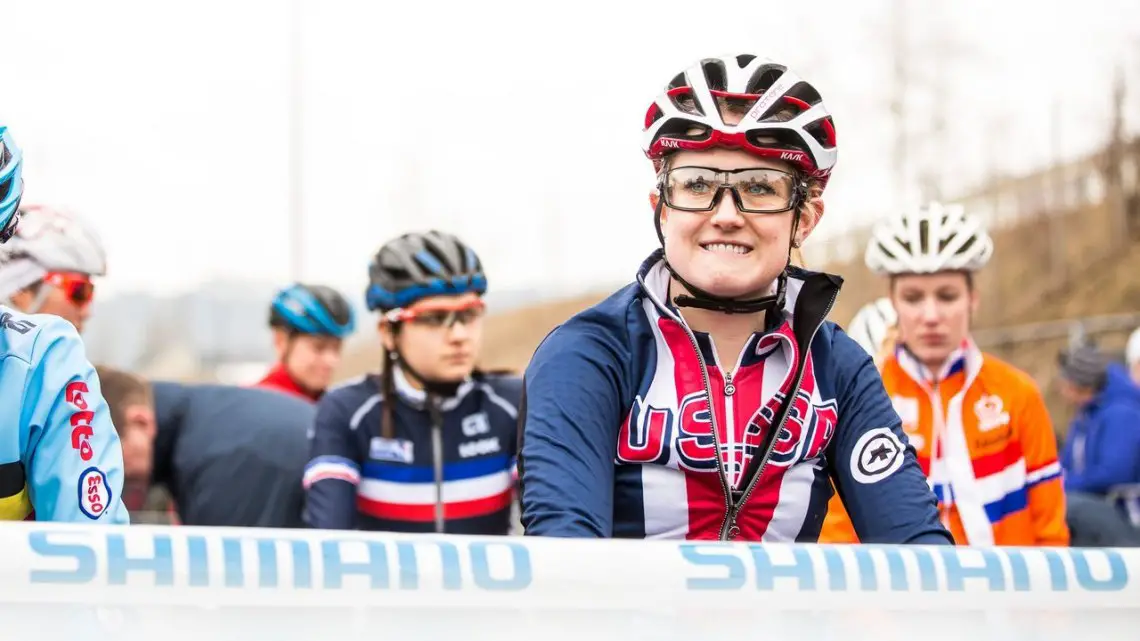 After a great season, Ellen Noble had plenty to smile about at the start line. U23 Women, 2017 UCI Cyclocross World Championships, Bieles, Luxembourg. © M. Hilger / Cyclocross Magazine