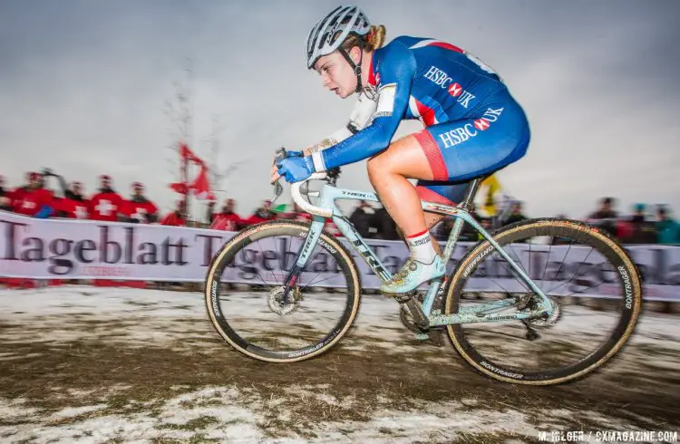 Early Leader Evie Richards, the defending champion. U23 Women, 2017 UCI Cyclocross World Championships, Bieles, Luxembourg. © M. Hilger / Cyclocross Magazine