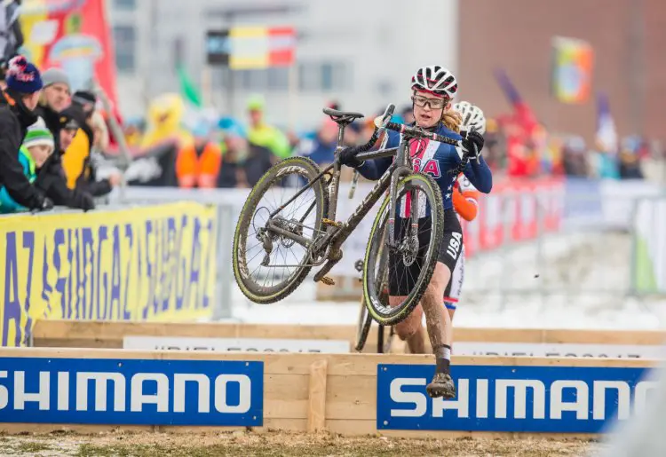 Noble tackles the barriers and tries to hold off Worst. U23 Women, 2017 UCI Cyclocross World Championships, Bieles, Luxembourg. © M. Hilger / Cyclocross Magazine