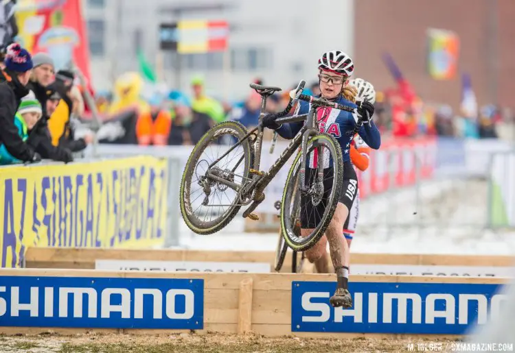 Noble tackles the barriers and tries to hold off Worst. U23 Women, 2017 UCI Cyclocross World Championships, Bieles, Luxembourg. © M. Hilger / Cyclocross Magazine