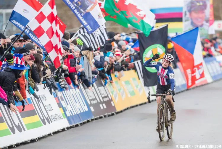 Noble was ecstatic with her silver medal-winning ride. 2017 UCI Cyclocross World Championships, Bieles, Luxembourg. © M. Hilger / Cyclocross Magazine