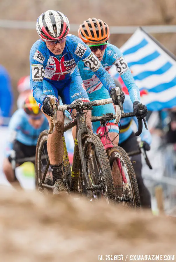 Katerina Nash leads the chase up the tricky off-camber climb. 2017 UCI Cyclocross World Championships, Bieles, Luxembourg. © M. Hilger / Cyclocross Magazine