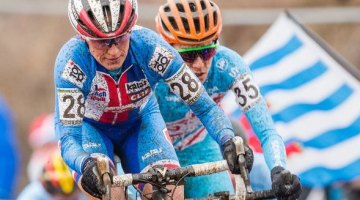 Katerina Nash leads the chase up the tricky off-camber climb. 2017 UCI Cyclocross World Championships, Bieles, Luxembourg. © M. Hilger / Cyclocross Magazine