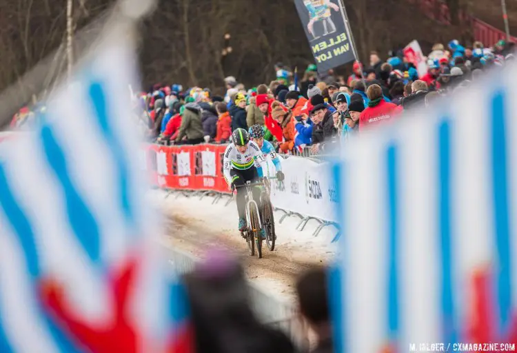 Rebecca Locke (AUS) leads 54-year-old Suzie Godart of Luxembourg, racing her final race. Godart crashed out with two laps remaining. 2017 UCI Cyclocross World Championships, Bieles, Luxembourg. © M. Hilger / Cyclocross Magazine