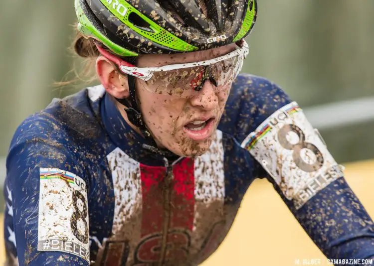 Kaitie Antonneau led all Americans in 10th and shows the effects of a warming course. 2017 UCI Cyclocross World Championships, Bieles, Luxembourg. © M. Hilger / Cyclocross Magazine