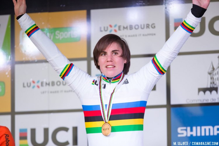 Sanne Cant does her best to hide her emotions after donning the rainbow stripes. 2017 UCI Cyclocross World Championships, Bieles, Luxembourg. © M. Hilger / Cyclocross Magazine