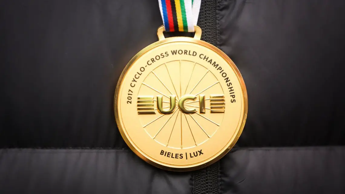 The sweet golden reward for Van Aert. 2017 UCI Cyclocross World Championships, Bieles, Luxembourg. © M. Hilger / Cyclocross Magazine