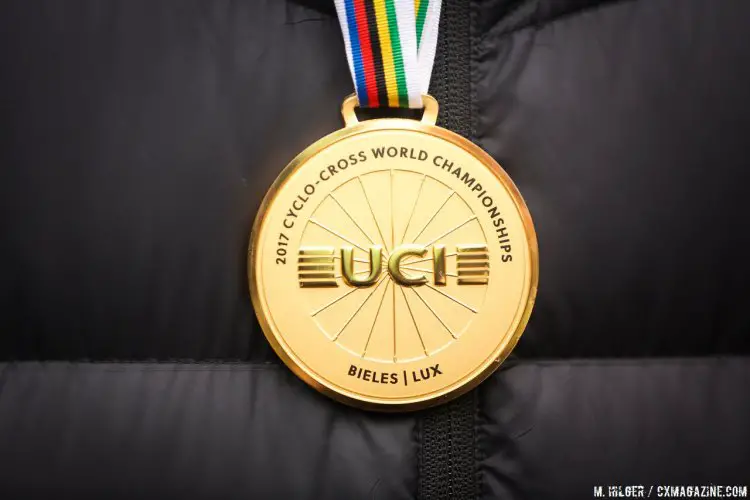The sweet golden reward for Van Aert. 2017 UCI Cyclocross World Championships, Bieles, Luxembourg. © M. Hilger / Cyclocross Magazine