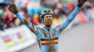 Wout van Aert is in disbelief with his title defense. Elite Men. 2017 UCI Cyclocross World Championships, Bieles, Luxembourg. © M. Hilger / Cyclocross Magazine