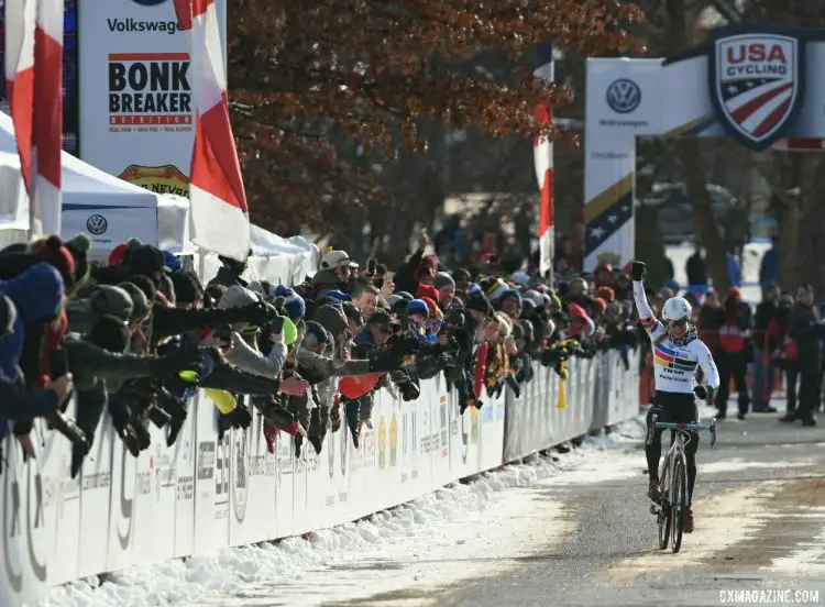 Katie Compton raises her fist in victory. 2017 Cyclocross National Championships. © Cyclocross Magazine