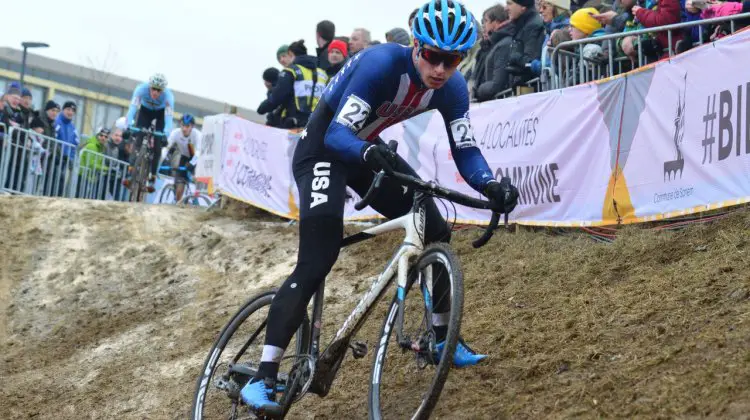 Denzel Stephenson slid his way to a top-ten finish in 9th. Junior Men - 2017 UCI Cyclocross World Championships, Bieles, Luxembourg. © C. Jobb / Cyclocross Magazine