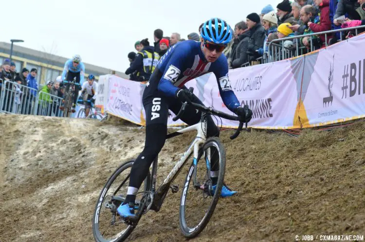 Denzel Stephenson slid his way to a top-ten finish in 9th. Junior Men - 2017 UCI Cyclocross World Championships, Bieles, Luxembourg. © C. Jobb / Cyclocross Magazine