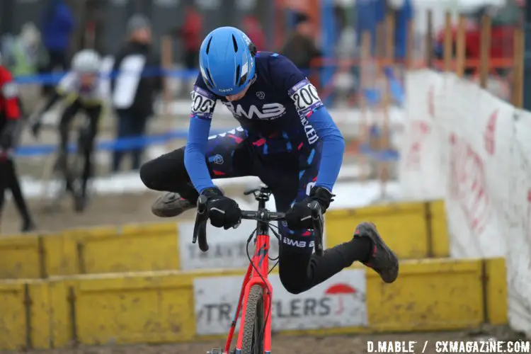 David Sandoval showing good form on his re-mount after the barriers. 2017 Cyclocross National Championships, Juniors Men 13-14. © D. Mable / Cyclocross Magazine